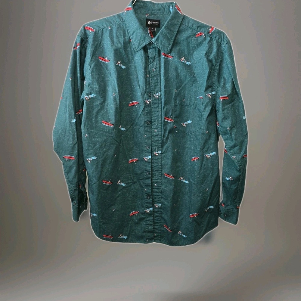 Haggar Mens Large Button Up Shirt Santa Water Skiing Holiday Novelty L Christmas